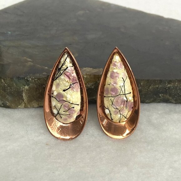 VTG Signed Renoir Matisse Copper Modernist Enamel Teardrop Clip On Earrings - Picture 1 of 16